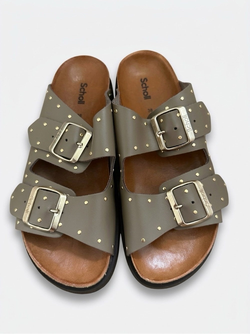 Dr. Scholl's Taupe Double-Buckle Studded Slide Sandals